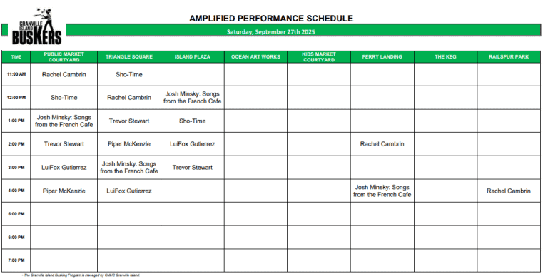 Saturday, September 27, 2025: Outdoor Amplified Performance Schedule