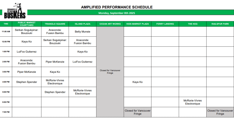 Monday, September 8, 2025: Outdoor Amplified Performance Schedule