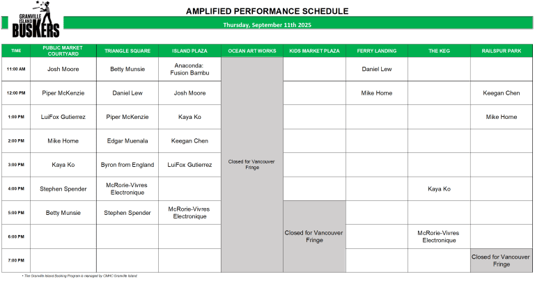 Friday, September 12, 2025: Outdoor Amplified Performance Schedule
