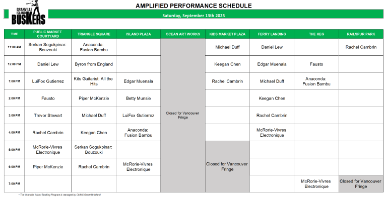 Saturday, September 13, 2025: Outdoor Amplified Performance Schedule