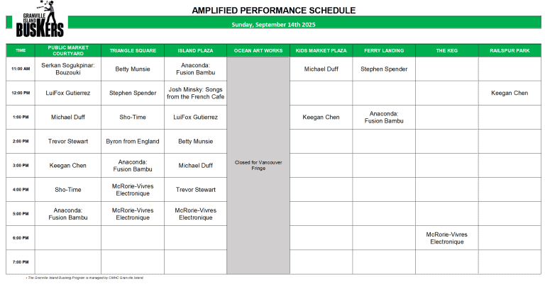 Tuesday, September 16, 2025: Outdoor Amplified Performance Schedule