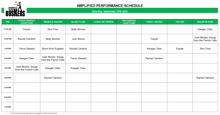 Tuesday, September 30, 2025: Outdoor Amplified Performance Schedule