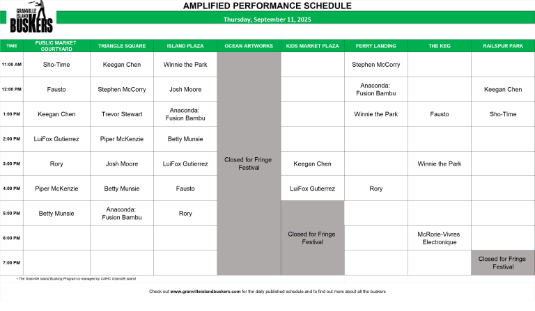 Thursday, September 11, 2025: Outdoor Amplified Performance Schedule