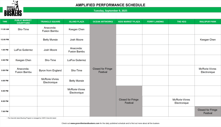 Tuesday, September 9, 2025: Outdoor Amplified Performance Schedule