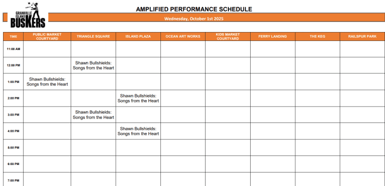 Wednesday, October 1, 2025: Outdoor Amplified Performance Schedule