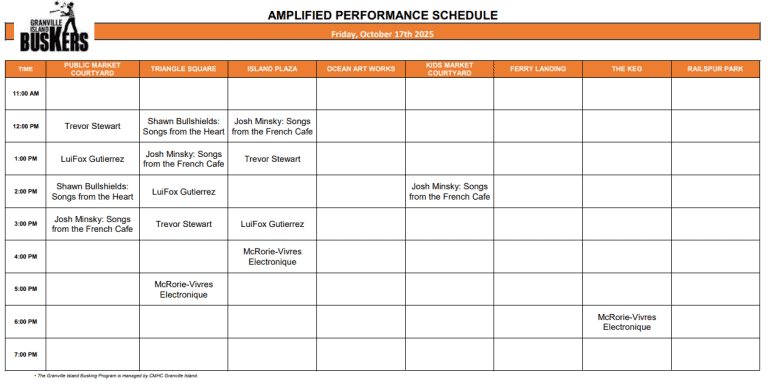Friday, October 17, 2025: Outdoor Amplified Performance Schedule