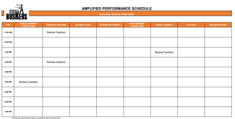 Saturday, October 18, 2025: Outdoor Amplified Performance Schedule