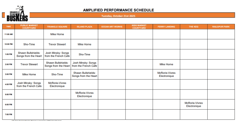 Tuesday, October 21, 2025: Outdoor Amplified Performance Schedule