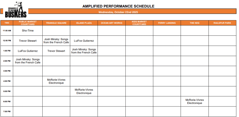 Wednesday, October 22, 2025: Outdoor Amplified Performance Schedule