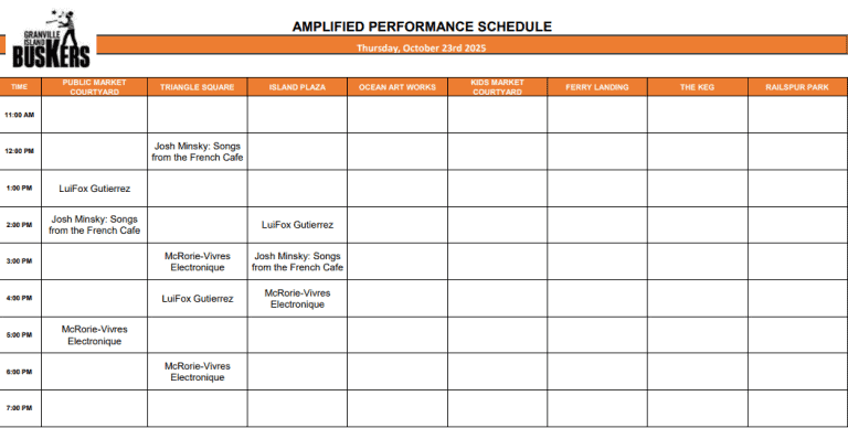 Thursday, October 23, 2025: Outdoor Amplified Performance Schedule