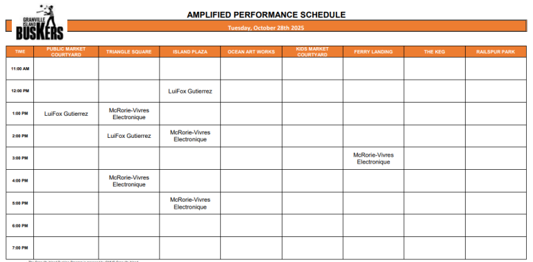 Tuesday, October 28, 2025: Outdoor Amplified Performance Schedule