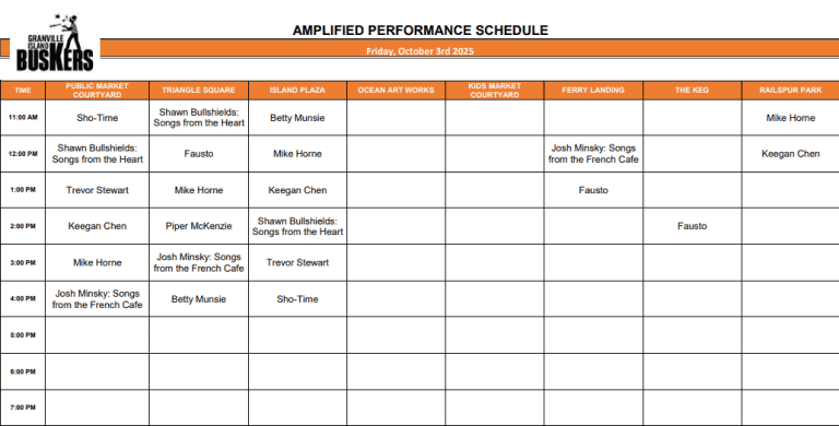 Friday, October 3, 2025: Outdoor Amplified Performance Schedule