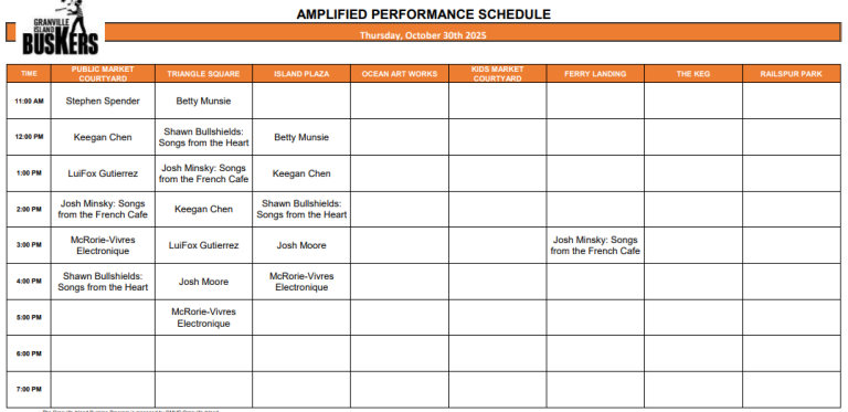 Thursday, October 30, 2025: Outdoor Amplified Performance Schedule