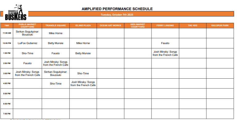 Tuesday, October 7, 2025: Outdoor Amplified Performance Schedule