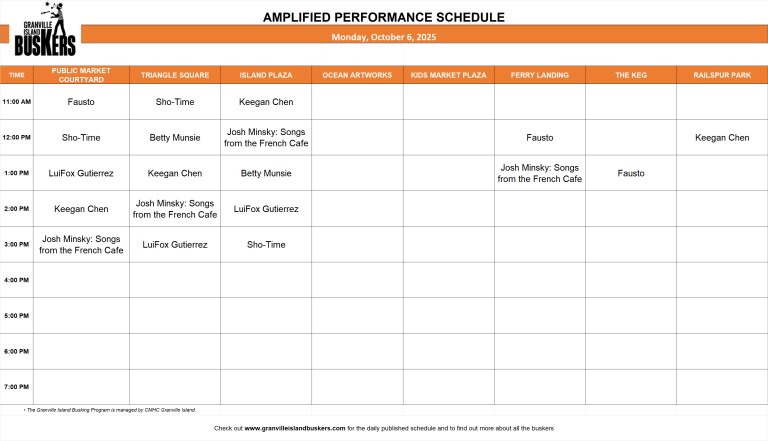 Monday, October 6, 2025: Outdoor Amplified Performance Schedule