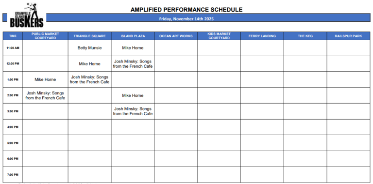 Friday, November 14, 2025: Outdoor Amplified Performance Schedule