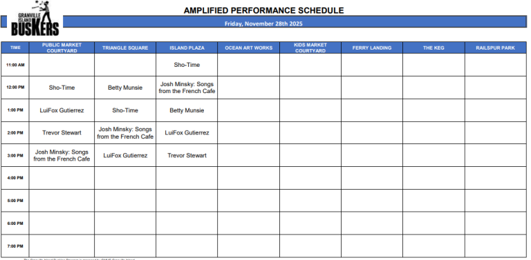 Thursday, November 28 2025: Outdoor Amplified Performance Schedule