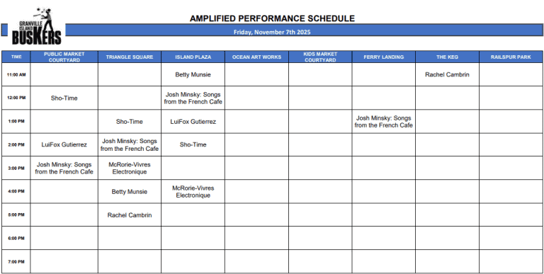 Friday, November 7, 2025: Outdoor Amplified Performance Schedule