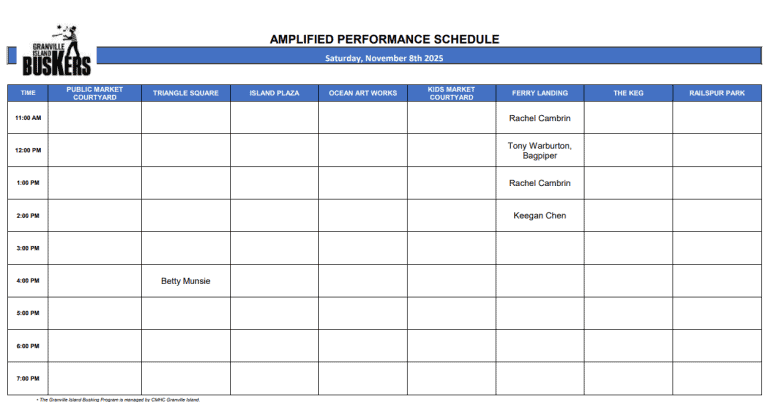 Saturday, November 8, 2025: Outdoor Amplified Performance Schedule