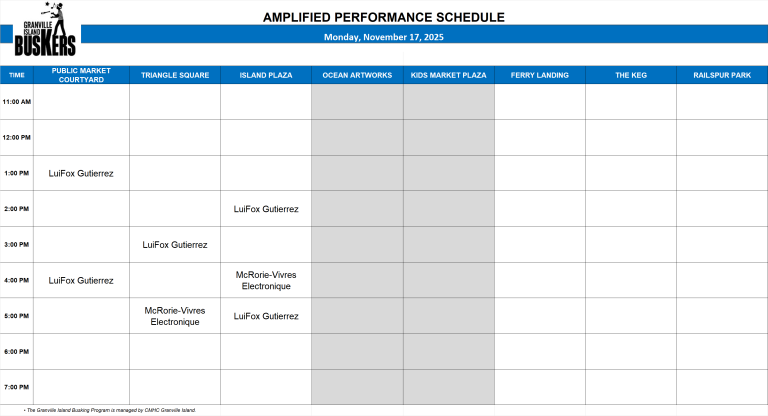 Monday, November 17, 2025: Outdoor Amplified Performance Schedule