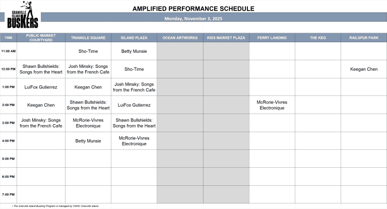Monday, November 3, 2025: Outdoor Amplified Performance Schedule