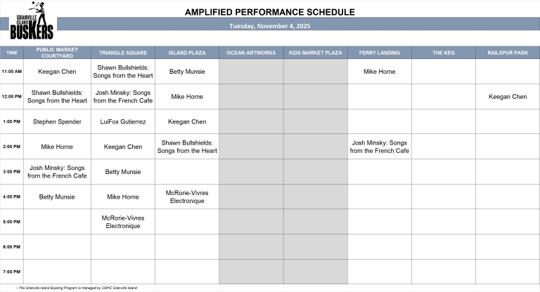 Tuesday, November 4, 2025: Outdoor Amplified Performance Schedule
