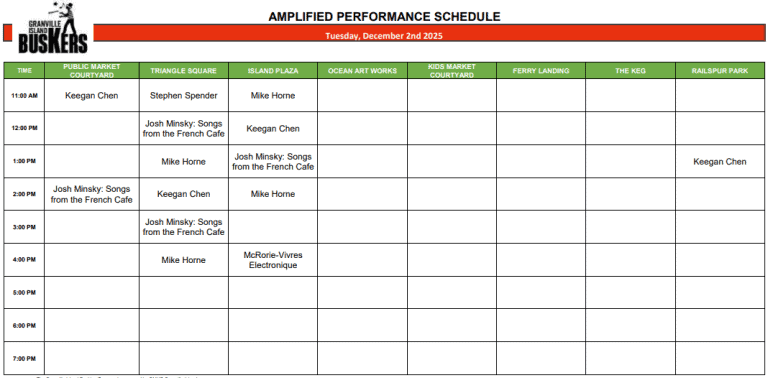 Tuesday, December 2 2025: Outdoor Amplified Performance Schedule
