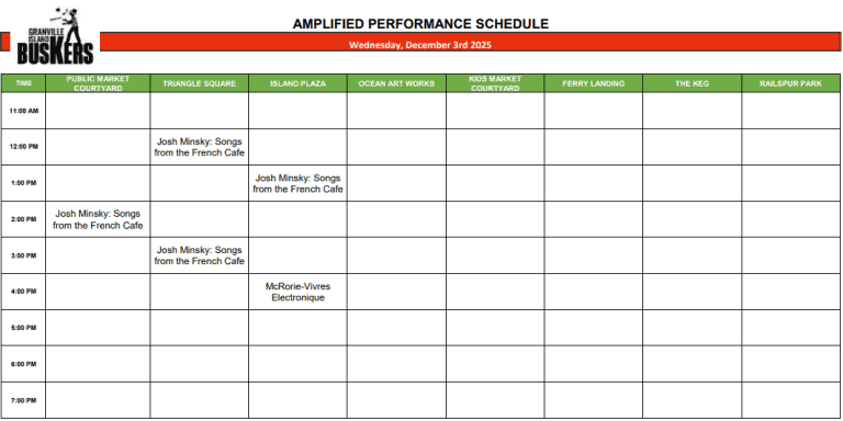Wednesday, December 3 2025: Outdoor Amplified Performance Schedule