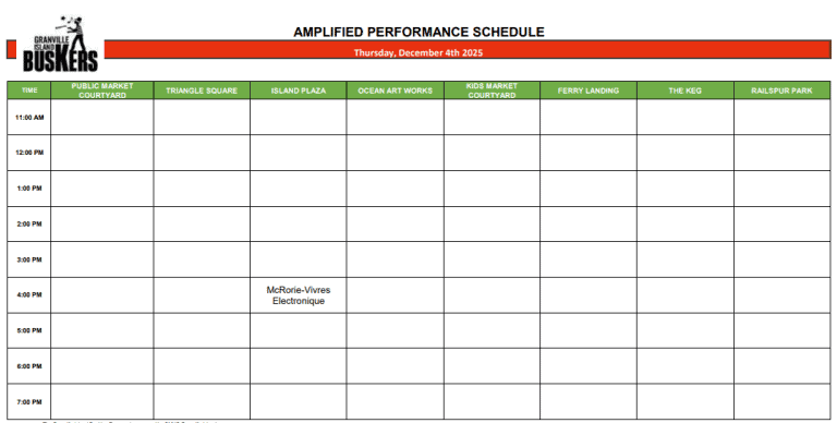Thursday, December 4 2025: Outdoor Amplified Performance Schedule