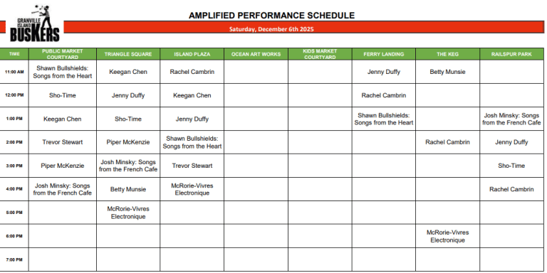 Saturday, December 6 2025: Outdoor Amplified Performance Schedule