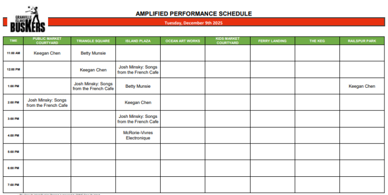 Tuesday, December 9 2025: Outdoor Amplified Performance Schedule